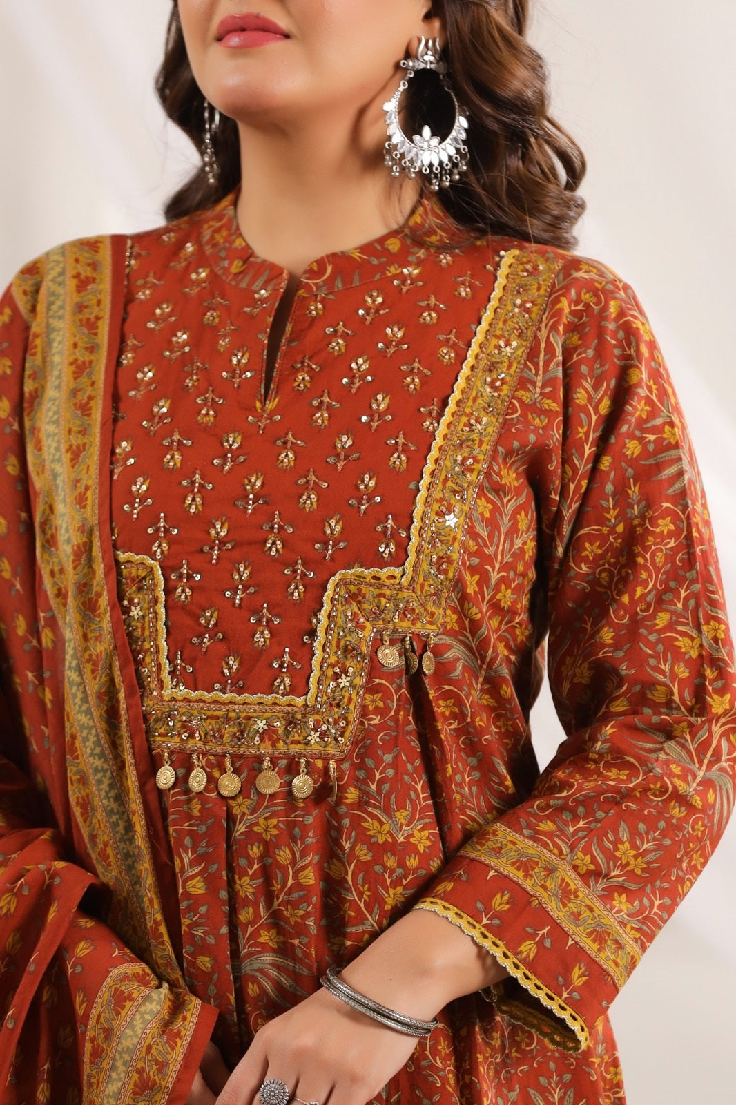 Adira Brown Cotton A Line Suit Set For Women