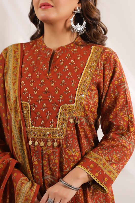 Adira Brown Cotton A Line Suit Set For Women