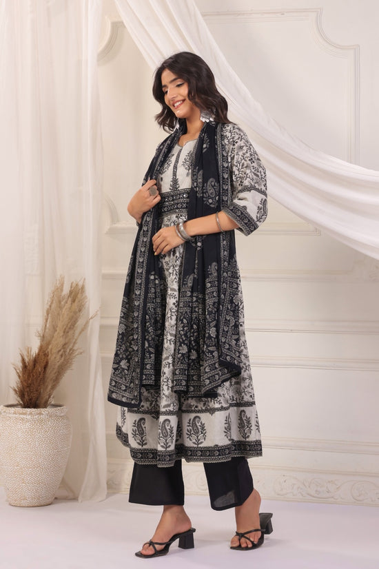 Yuvika Grey Cotton Anarkali Suit Set For Women