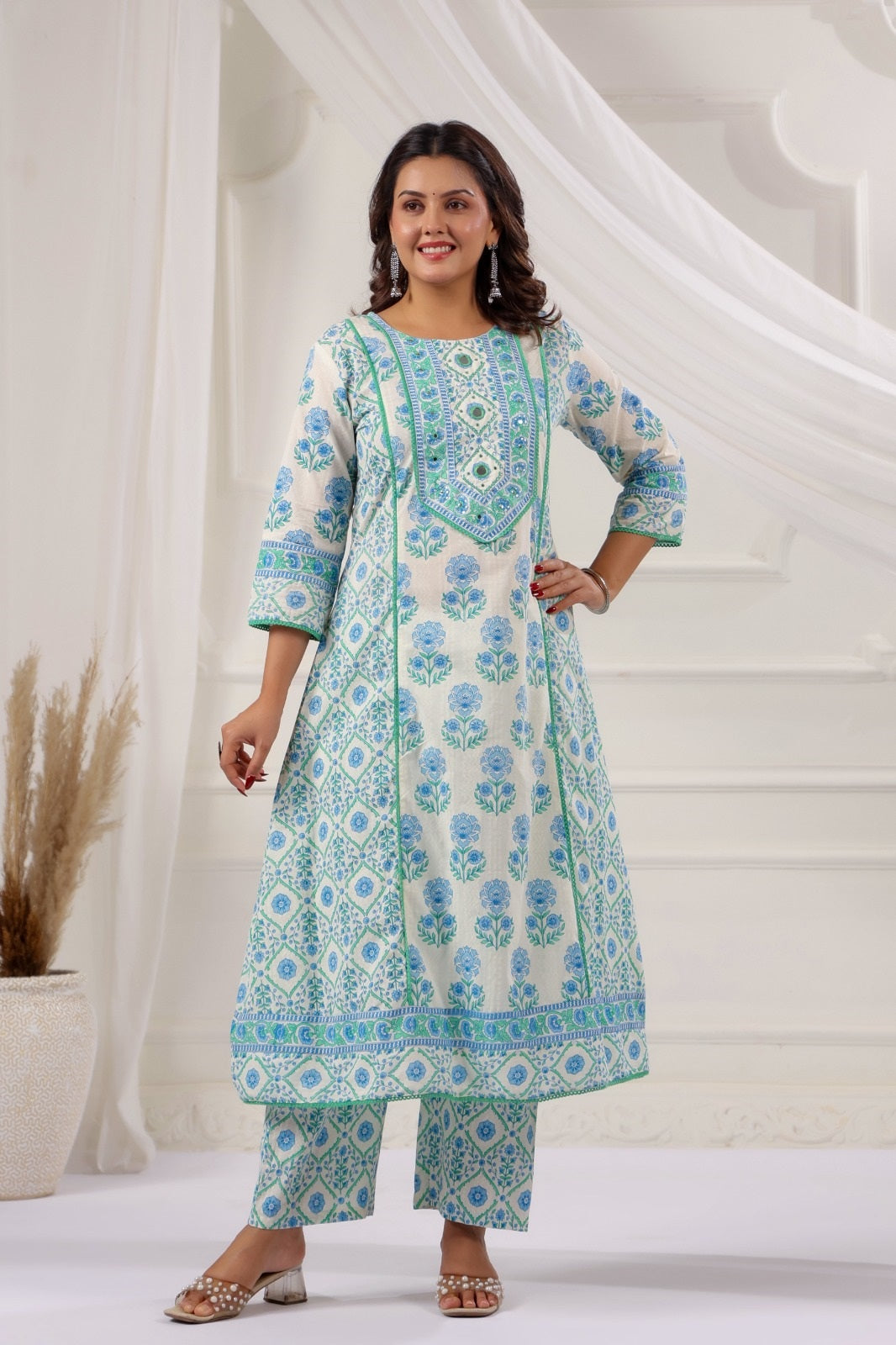 Eesha Atlantic Blue Cotton A Line Suit Set For Women