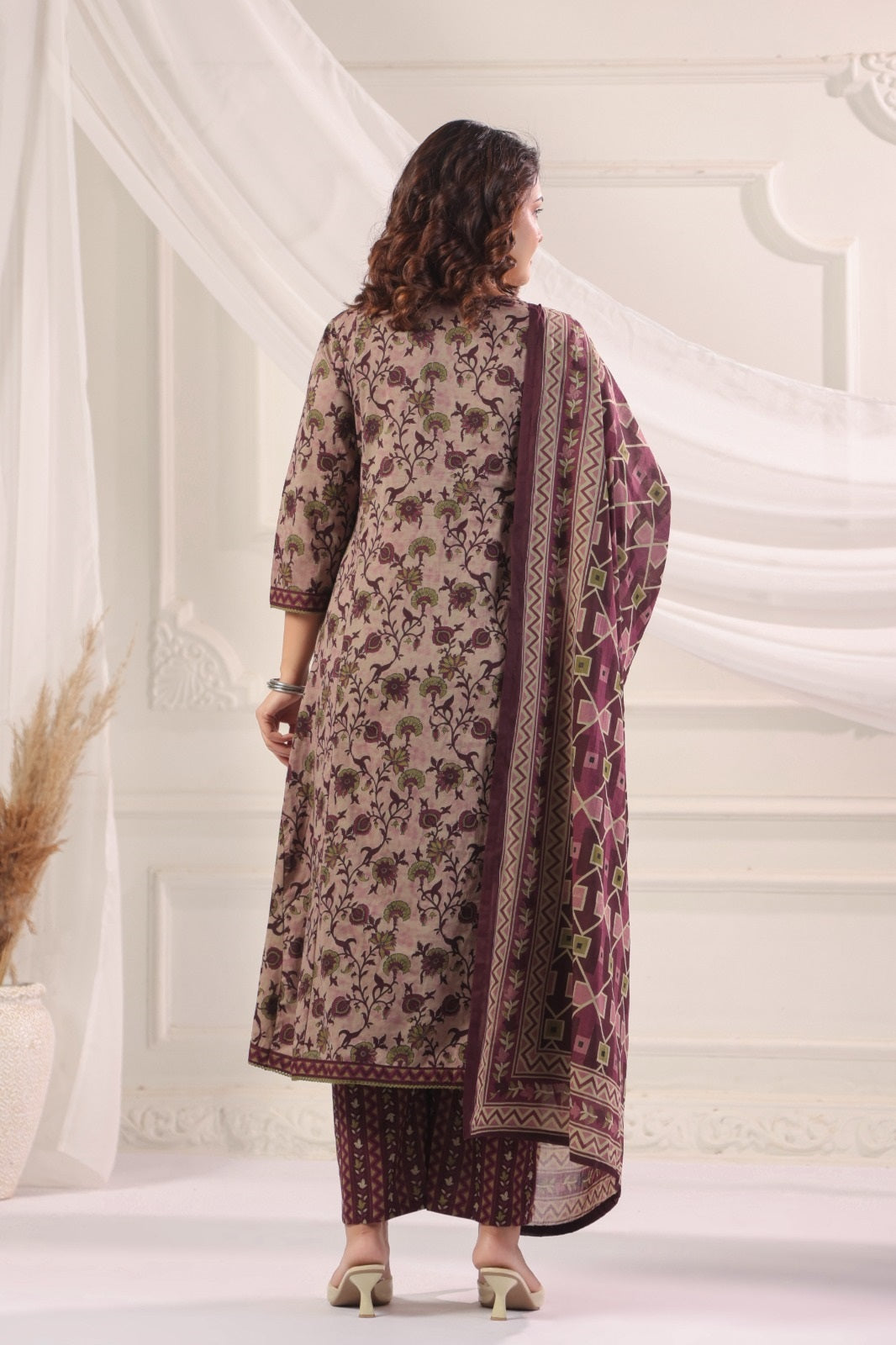 Madhavi Wine  Cotton A Line Suit Set For Women