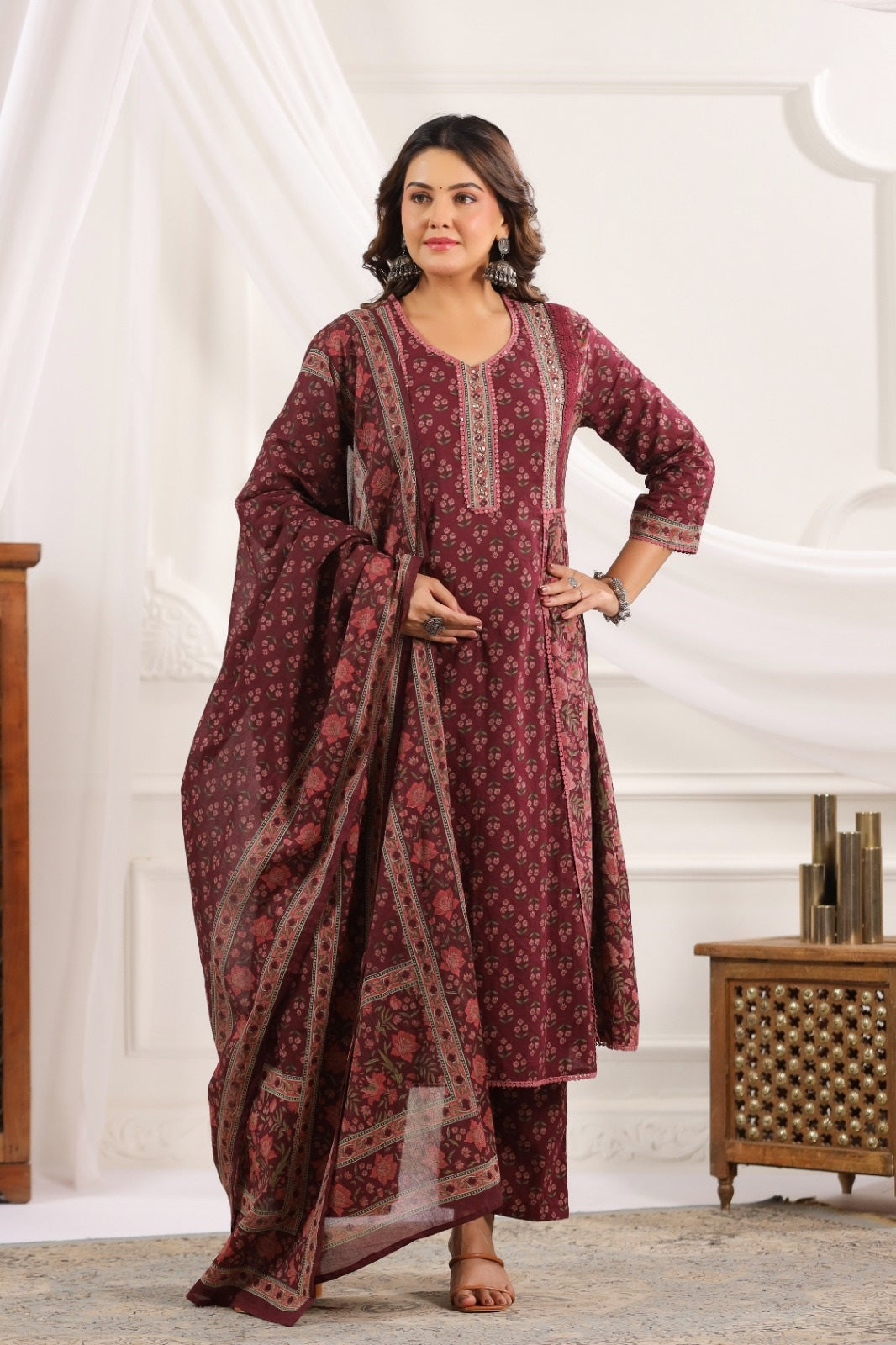Chhavi Wine  Cotton A Line Suit Set