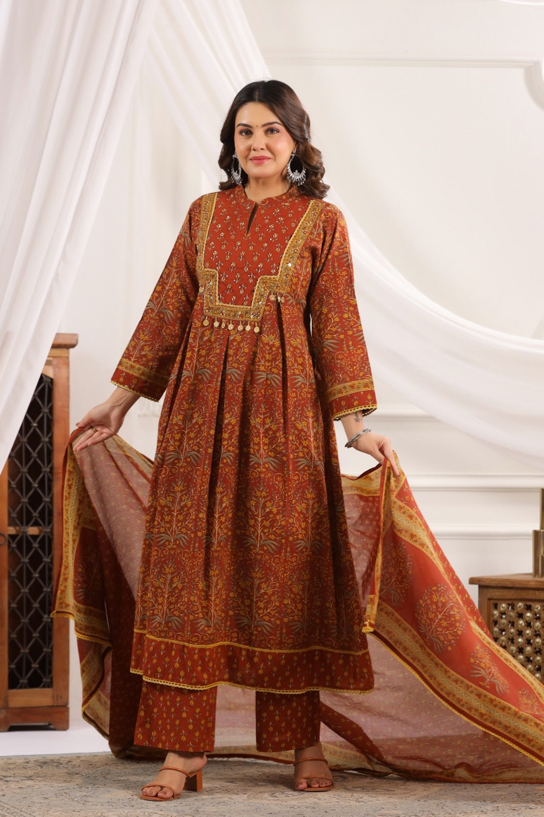 Adira Brown Cotton A Line Suit Set For Women