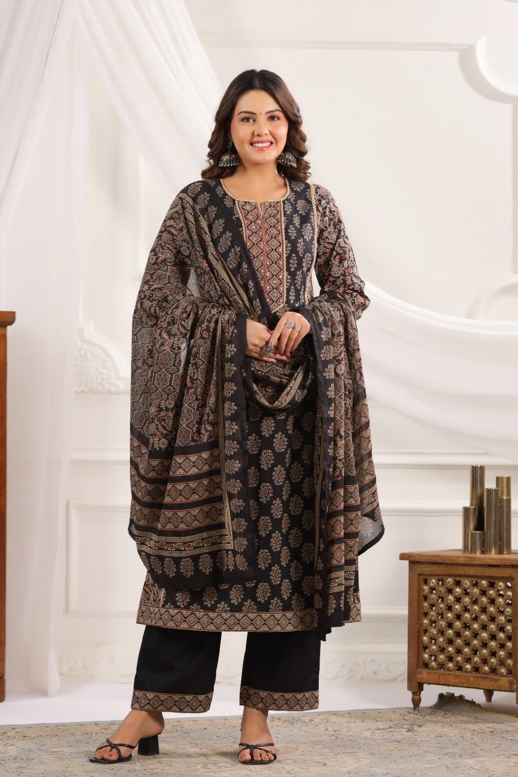 Indira Black Cotton A Line Suit Set