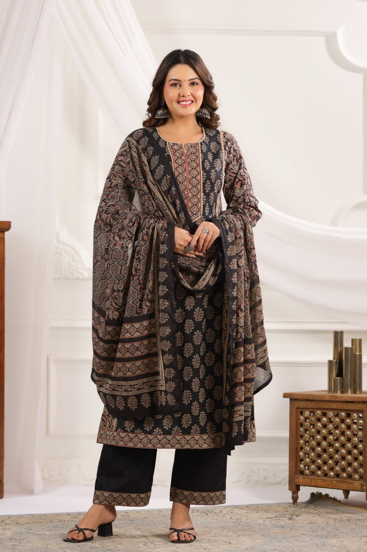Indira Black Cotton A Line Suit Set