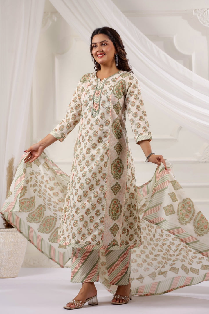 Ojasvi Pista Green Cotton A Line Suit Set For Women