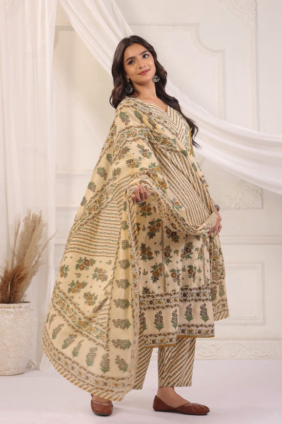 Bhoomi Beige Green Cotton Straight Suit Set For Women
