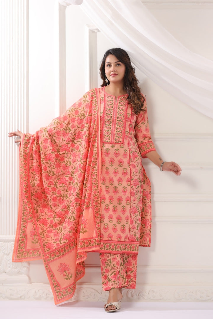 Kanishka Peach Cotton Suit Set For Women