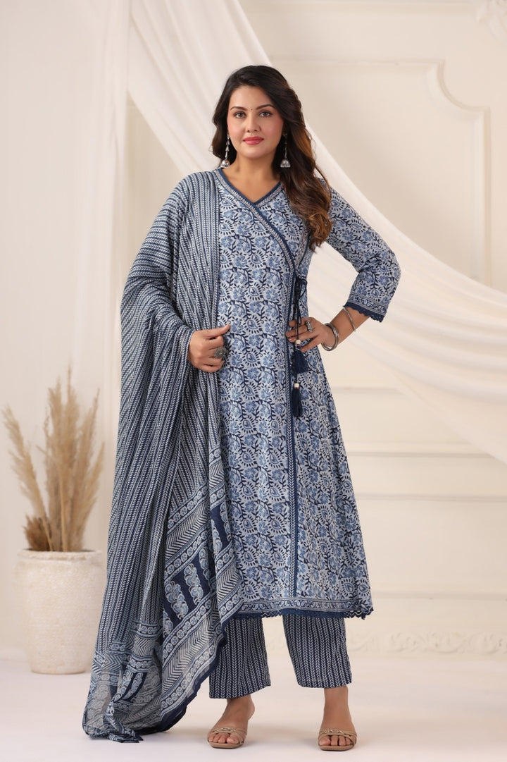 Maya Indigo Blue Cotton A Line Suit Set For Women