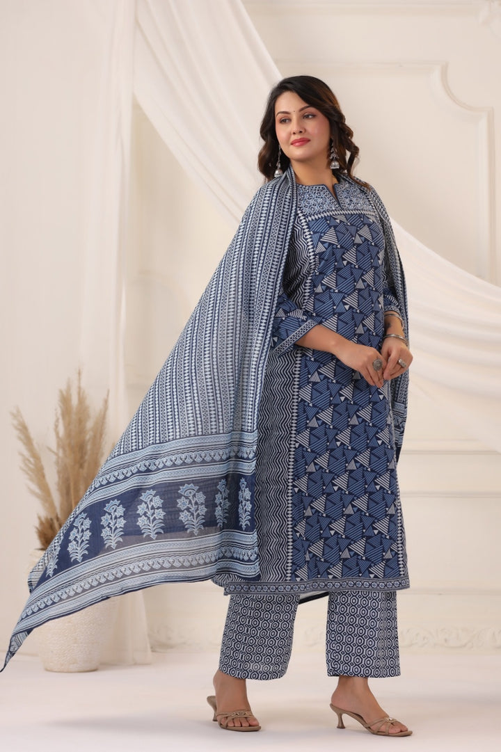 Jeevika Indigo Blue Cotton Suit Set For Women