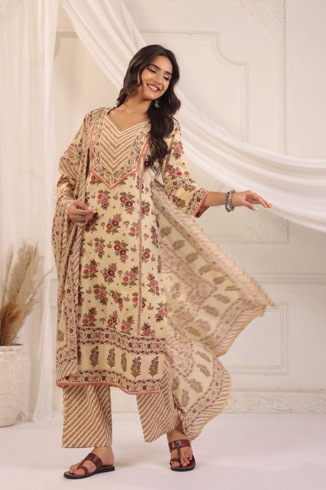 Gauri Beige Maroon Cotton Straight Suit Set For Women