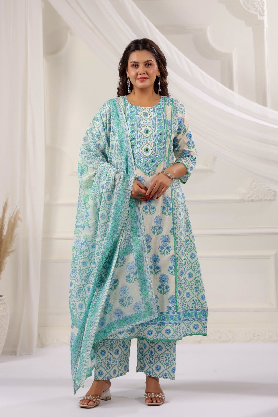 Eesha Atlantic Blue Cotton A Line Suit Set For Women