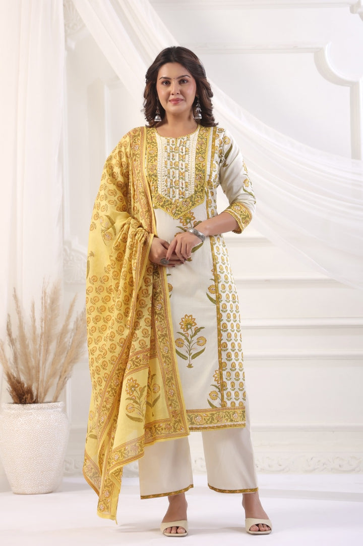 Simran Yellow Cotton Straight Suit Set For Women