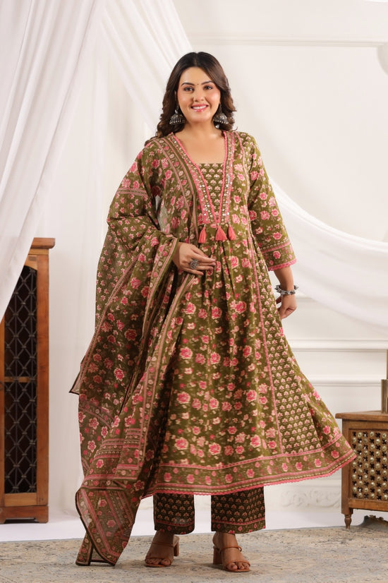 Mahika Green Cotton A Line Suit Set For Women