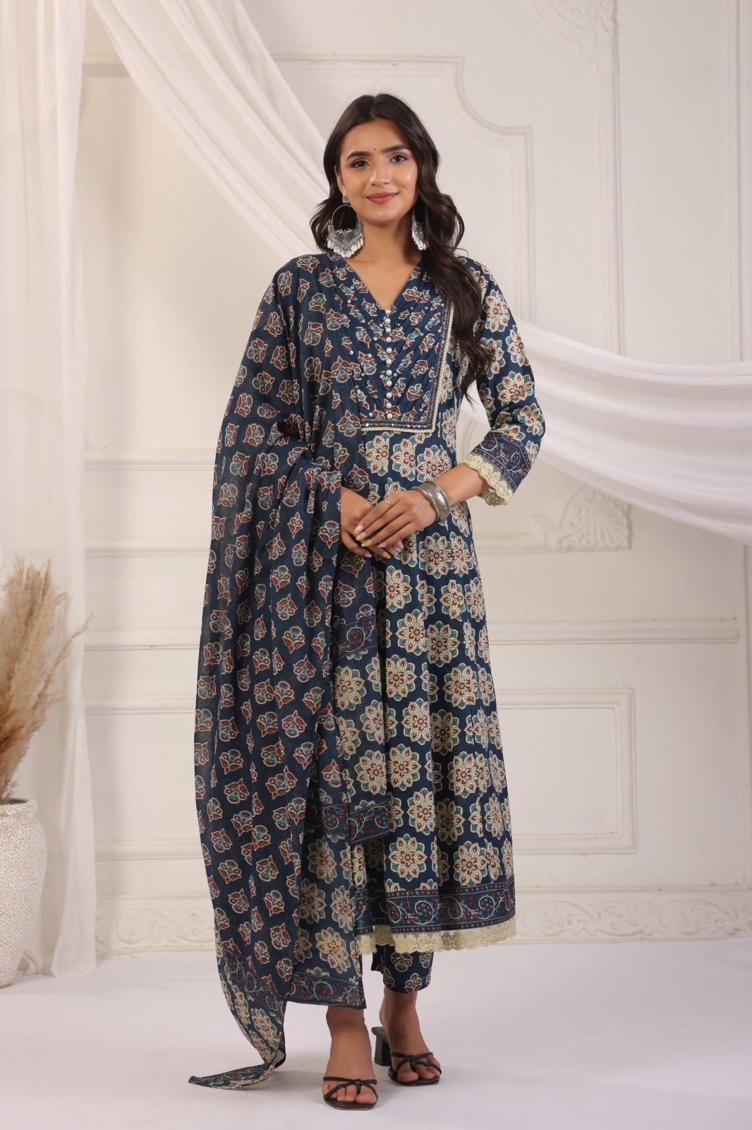 Akshara Blue Cotton Anarkali Suit Set For Women