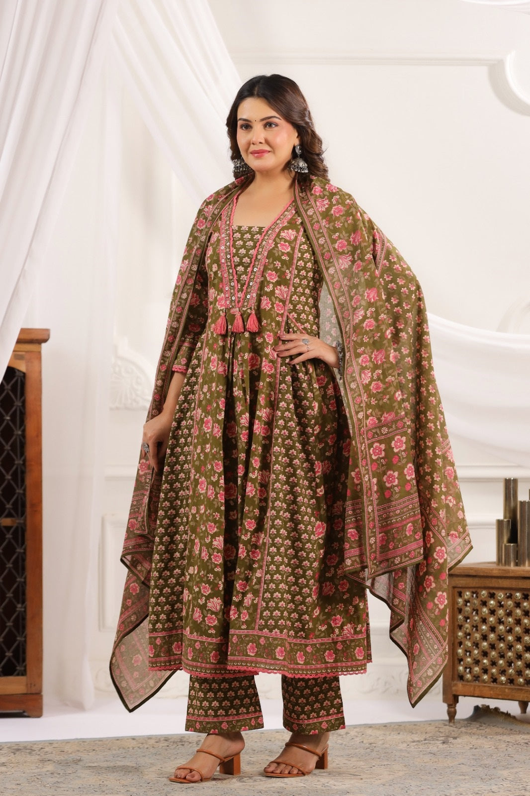 Mahika Green Cotton A Line Suit Set For Women