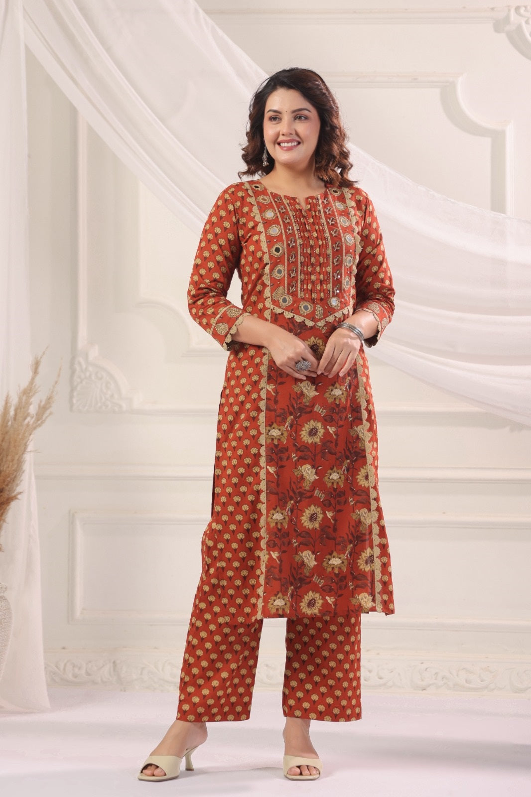 Satya Rust Cotton Straight Suit Set For Women