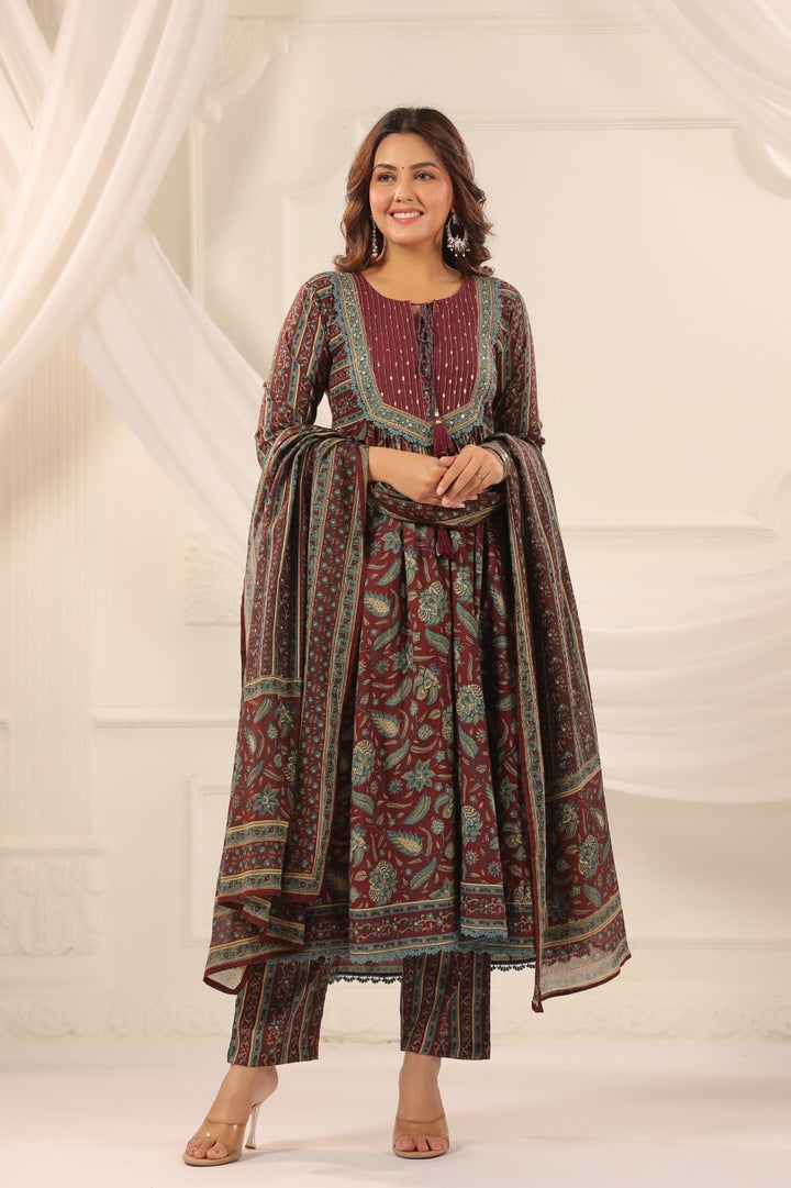 Ruhi Wine Cotton Anarkali Suit Set