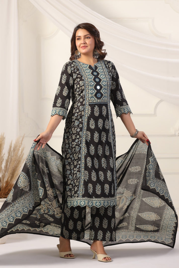 Charu Black Cotton Straight Suit Set For Women