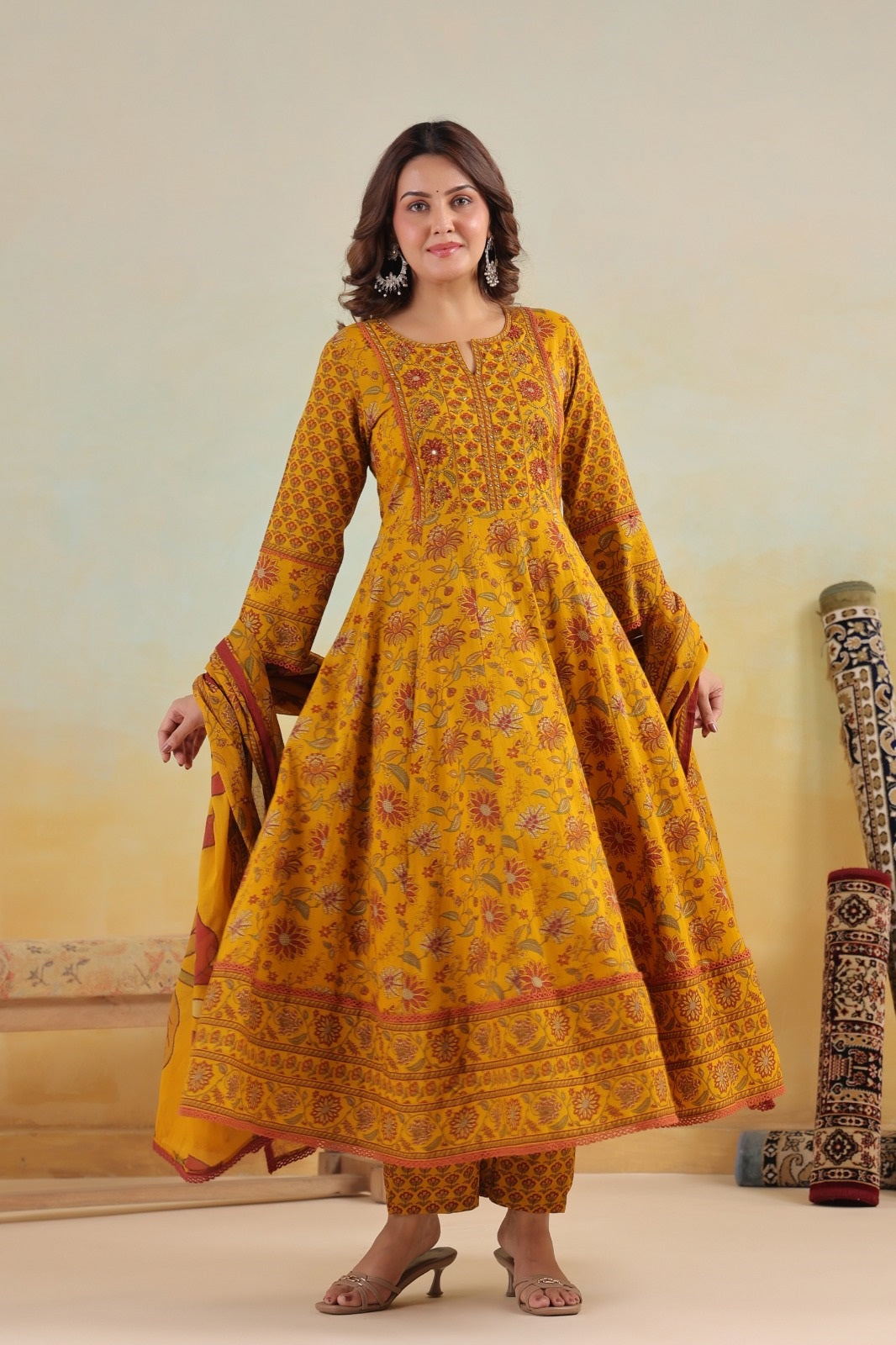 Aadhya Mustard Cotton Anarkali Suit Set
