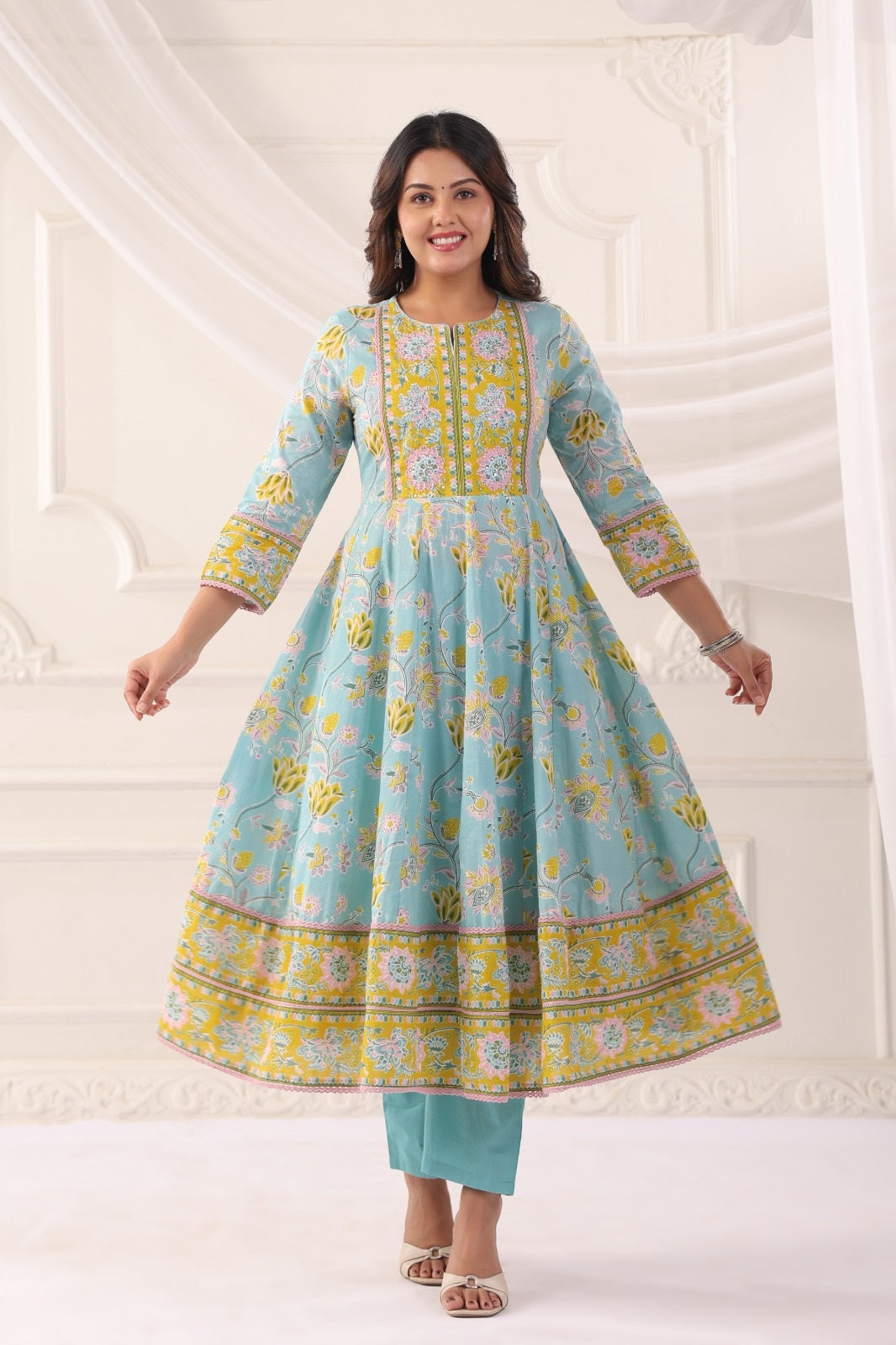 Ayana Aqua Blue Cotton Anarkali Suit Set For Women