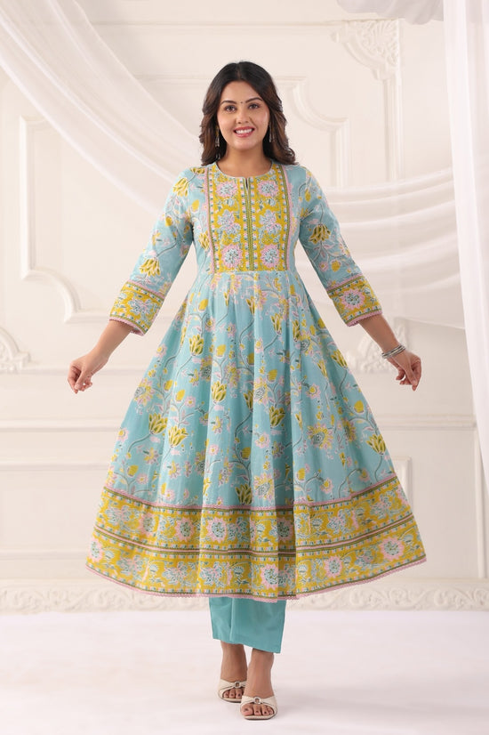 Ayana Aqua Blue Cotton Anarkali Suit Set For Women