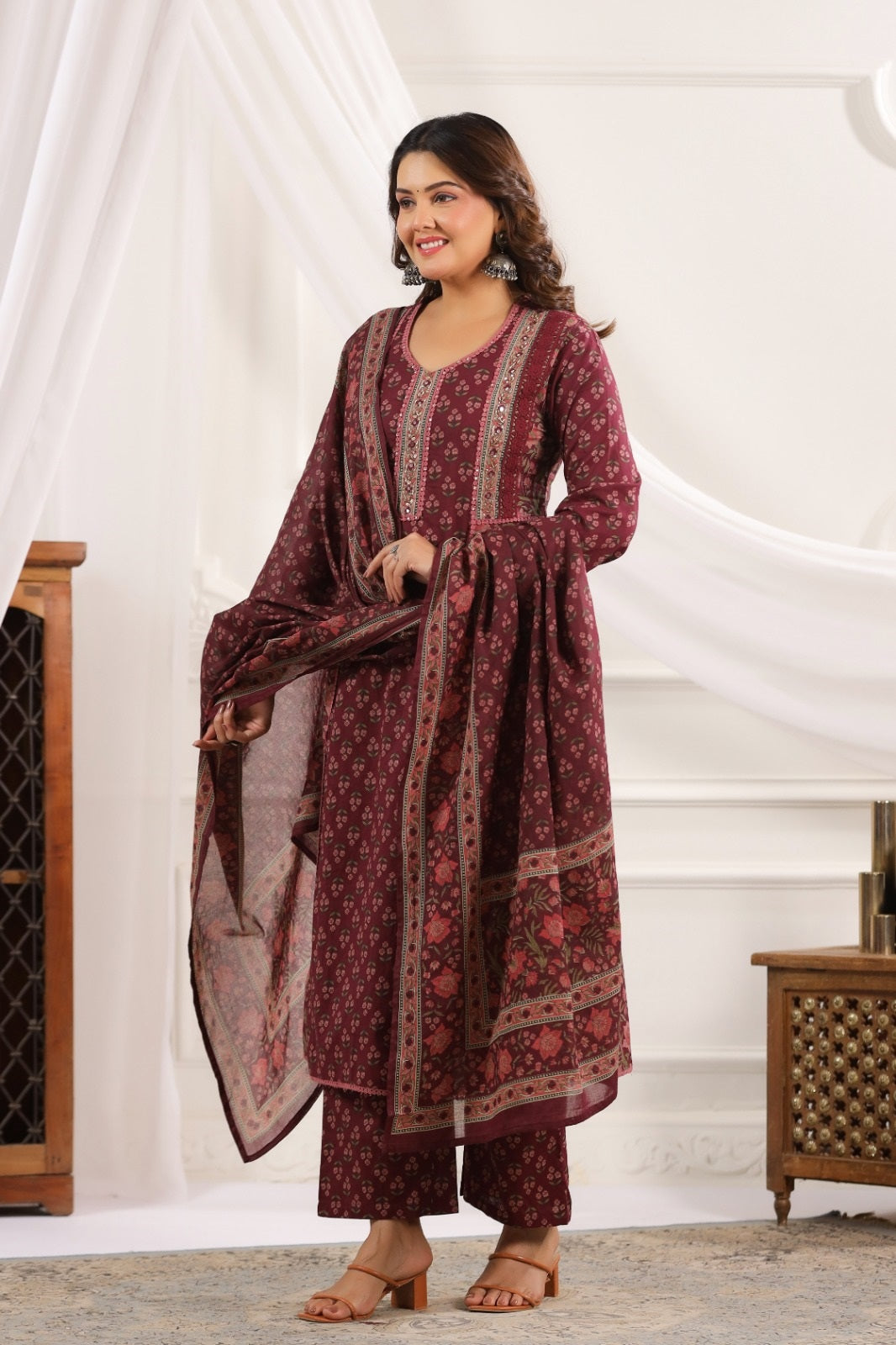Chhavi Wine  Cotton A Line Suit Set