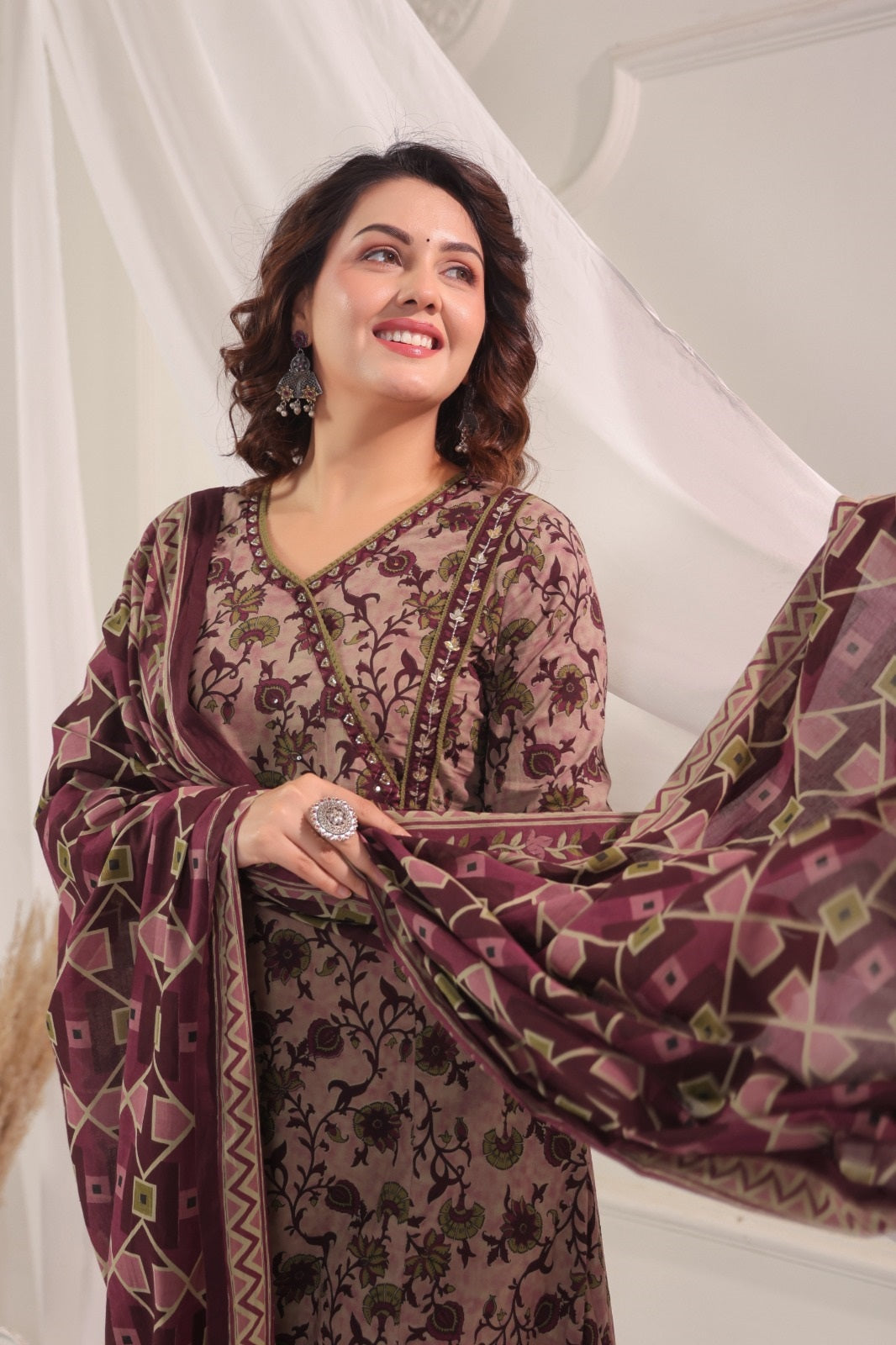 Madhavi Wine  Cotton A Line Suit Set For Women