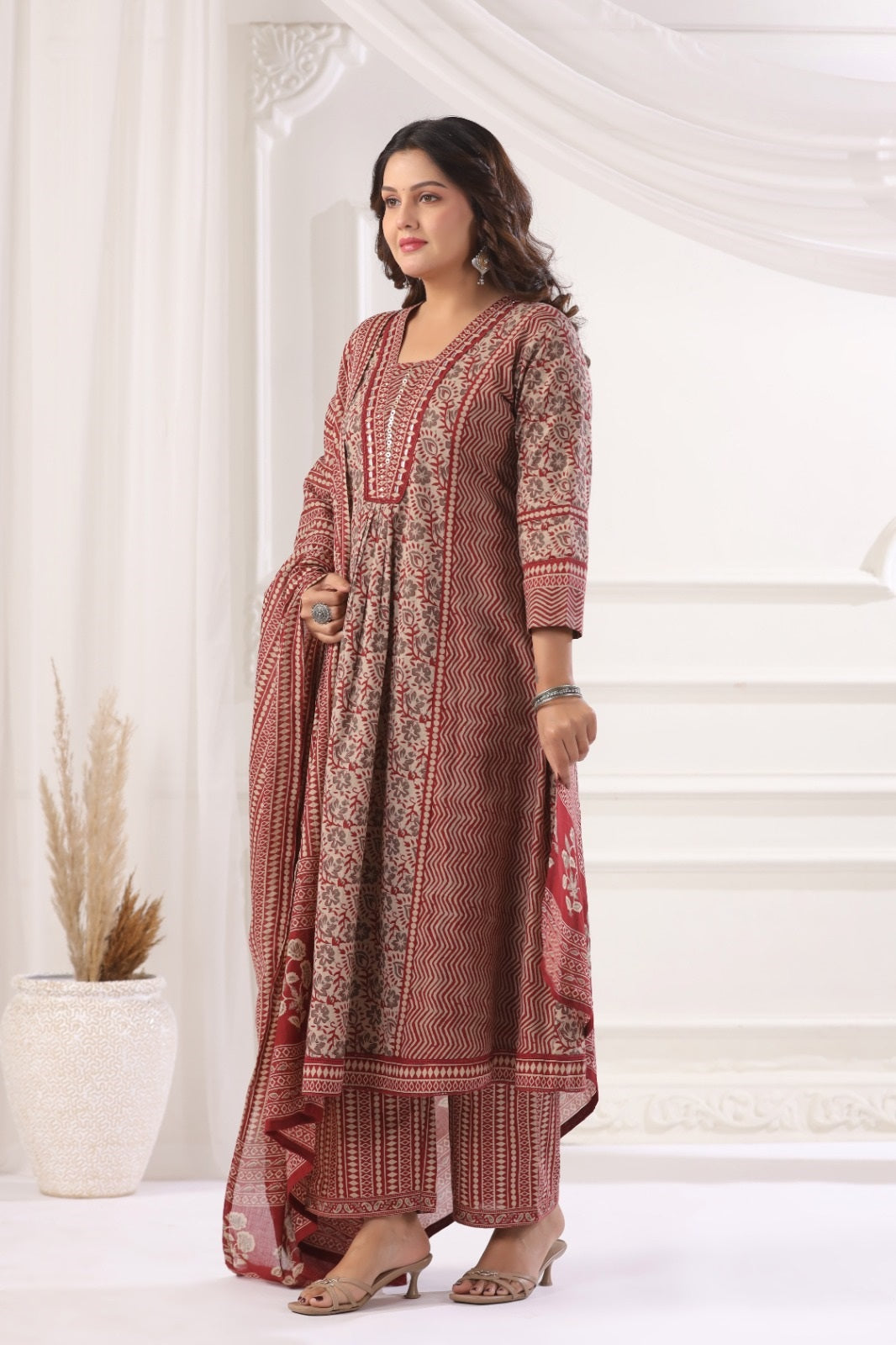 Meera Maroon Cotton A Line Suit Set For Women