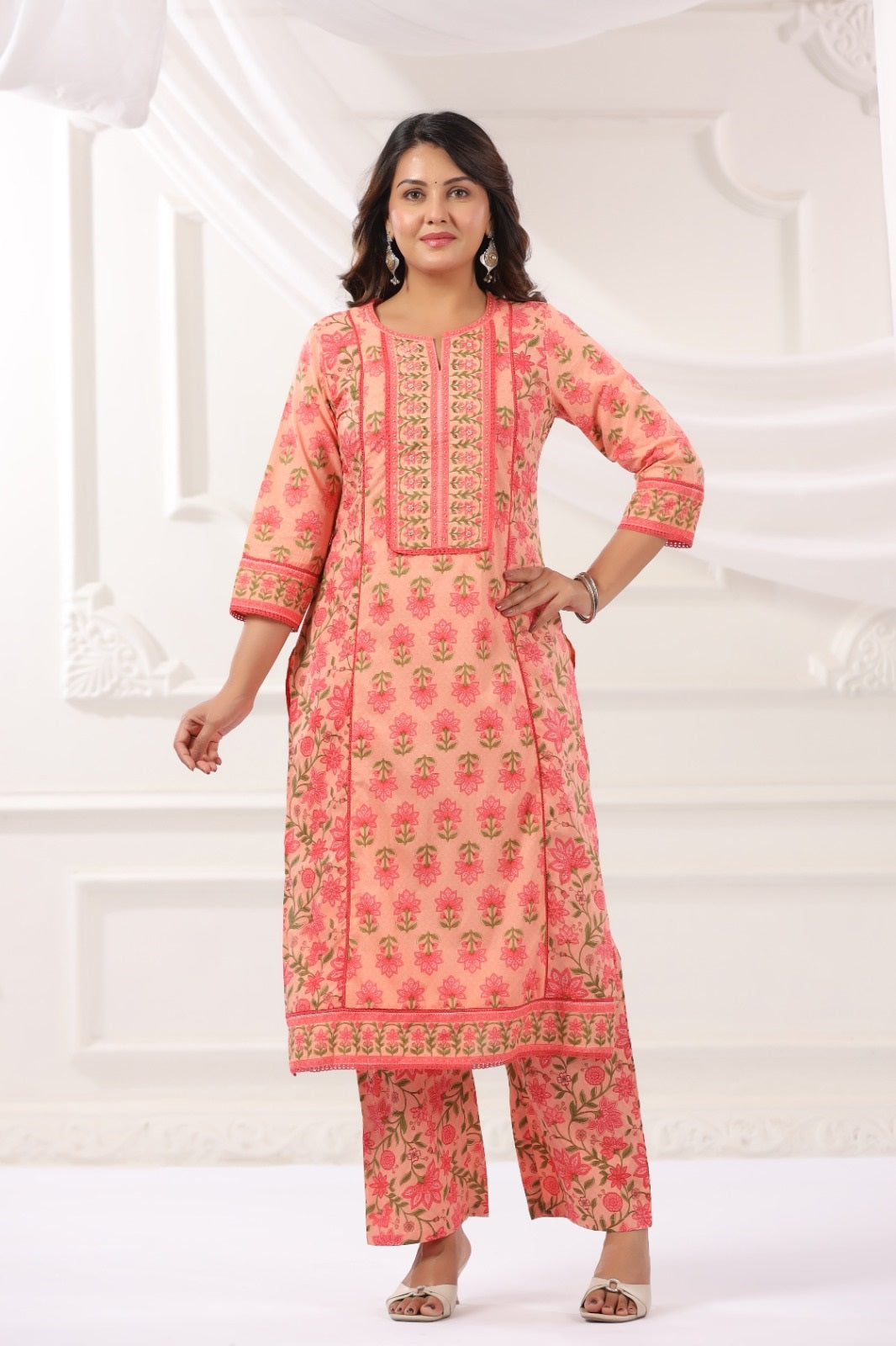 Kanishka Peach Cotton Suit Set For Women