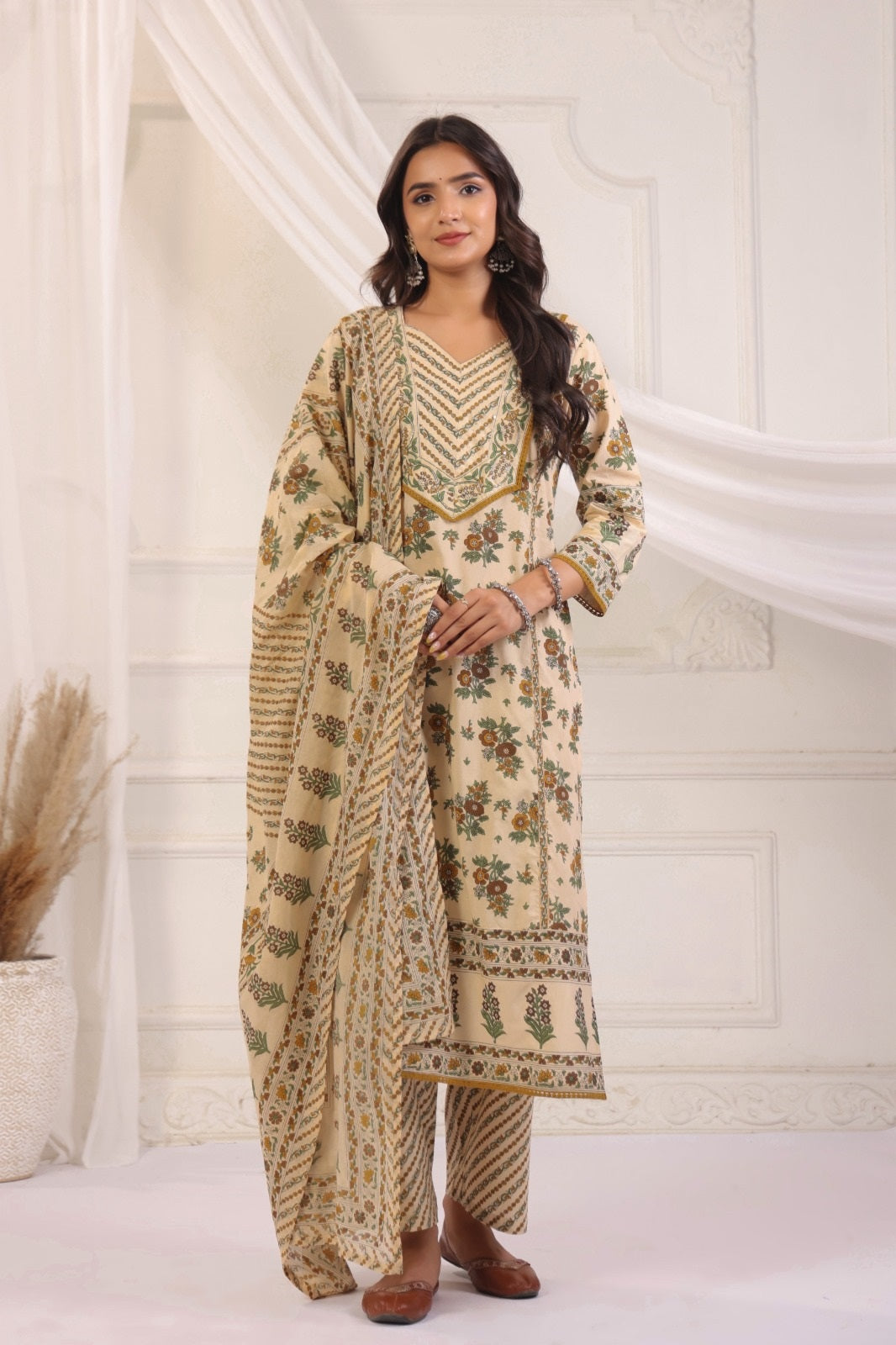 Bhoomi Beige Green Cotton Straight Suit Set For Women