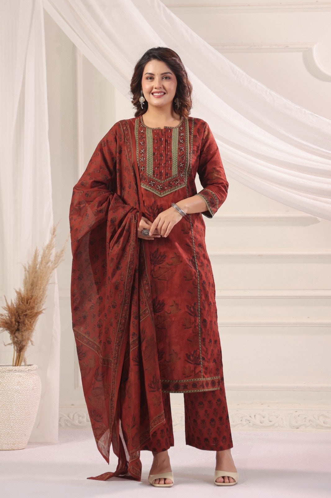 Satya Red Cotton Straight Suit Set For Women