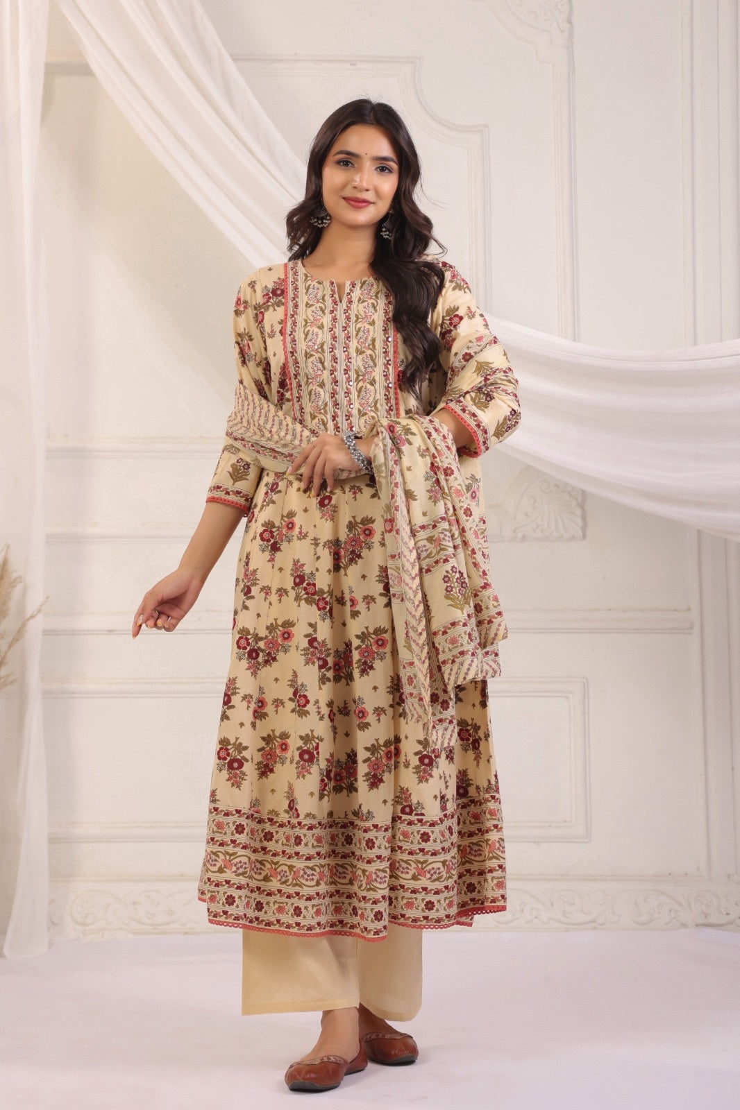 Ramya Beige Maroon Cotton Anarkali Suit Set For Women