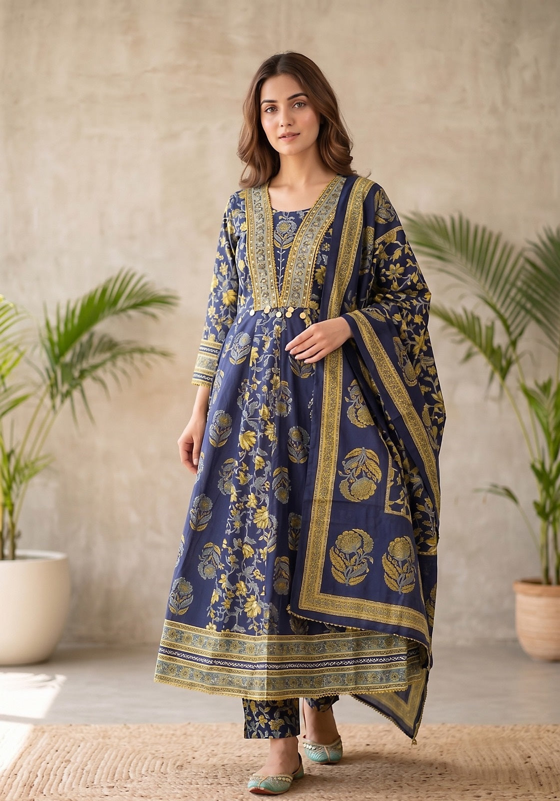 Dhara Blue Cotton Anarkali Suit Set