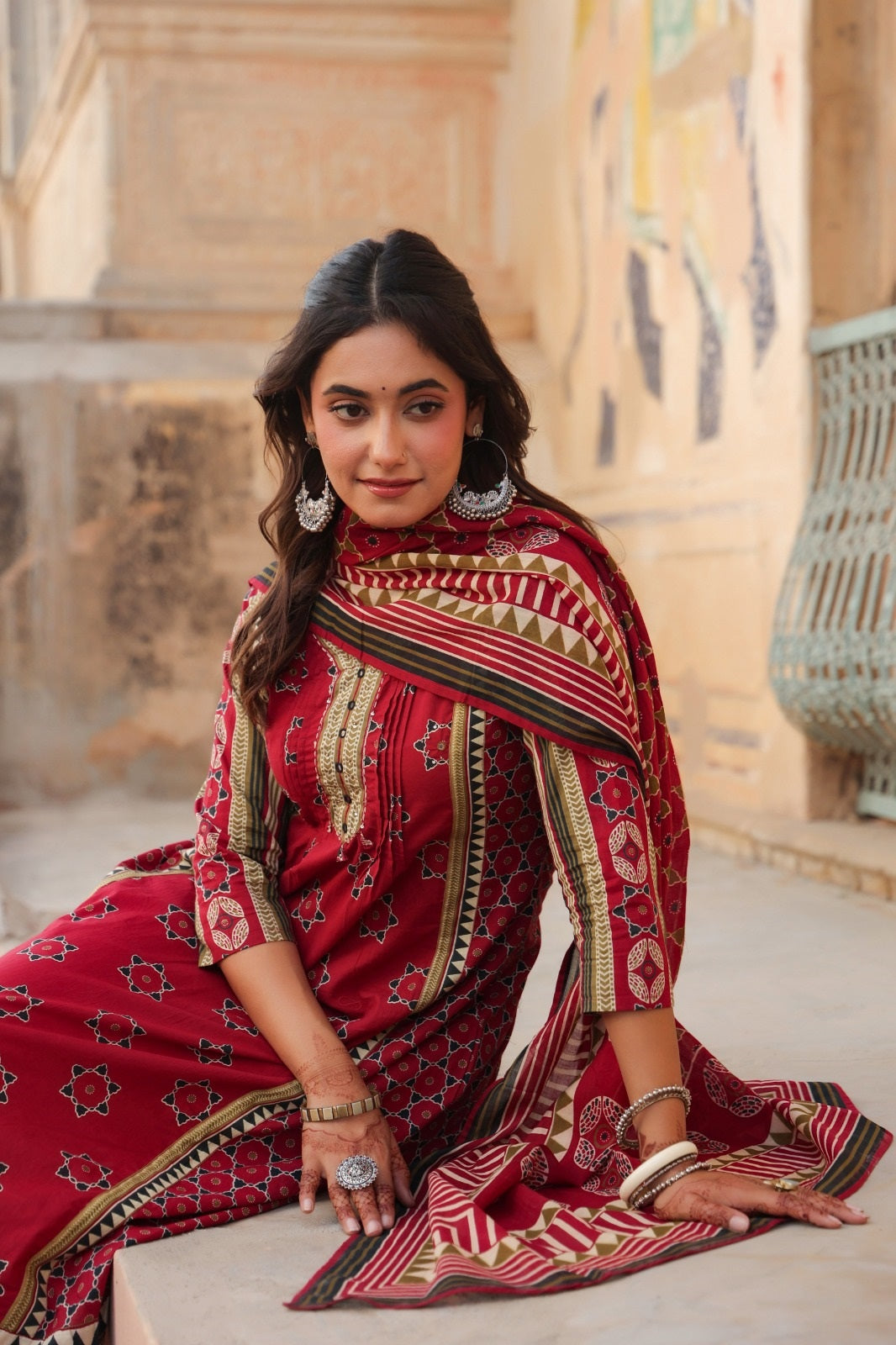 Akshita Red Cotton A Line Suit Set For Women