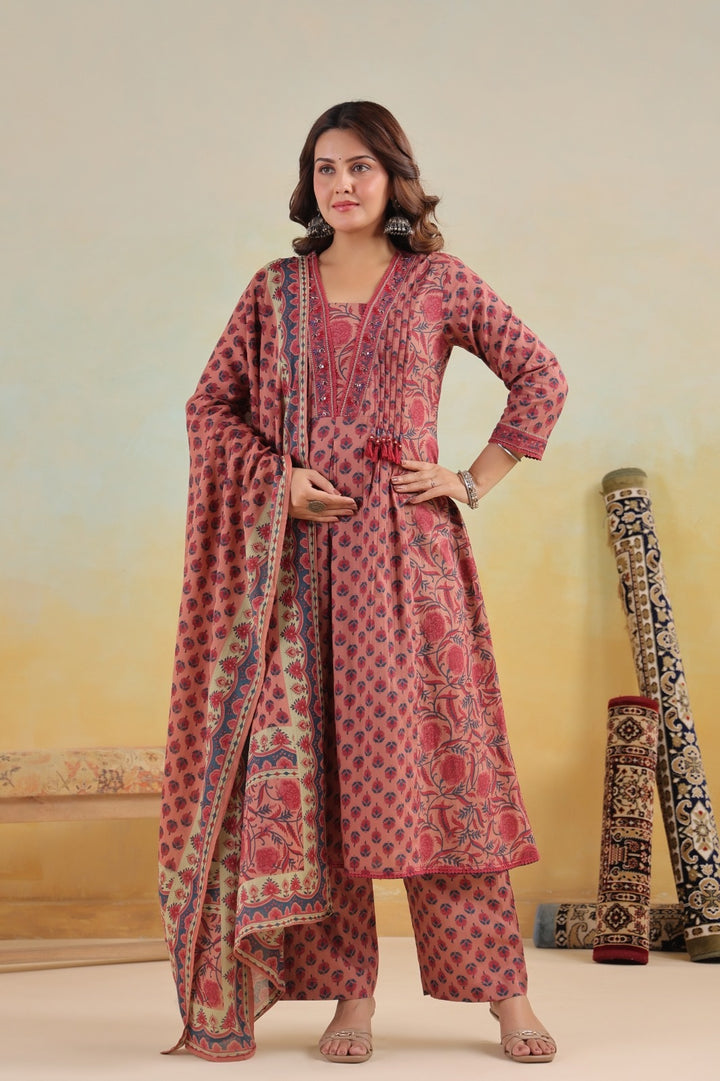 Iktara Onion Pink Cotton A Line Suit Set