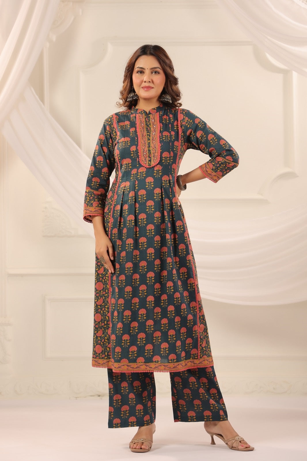 Suru Teal Blue Cotton A Line Suit Set