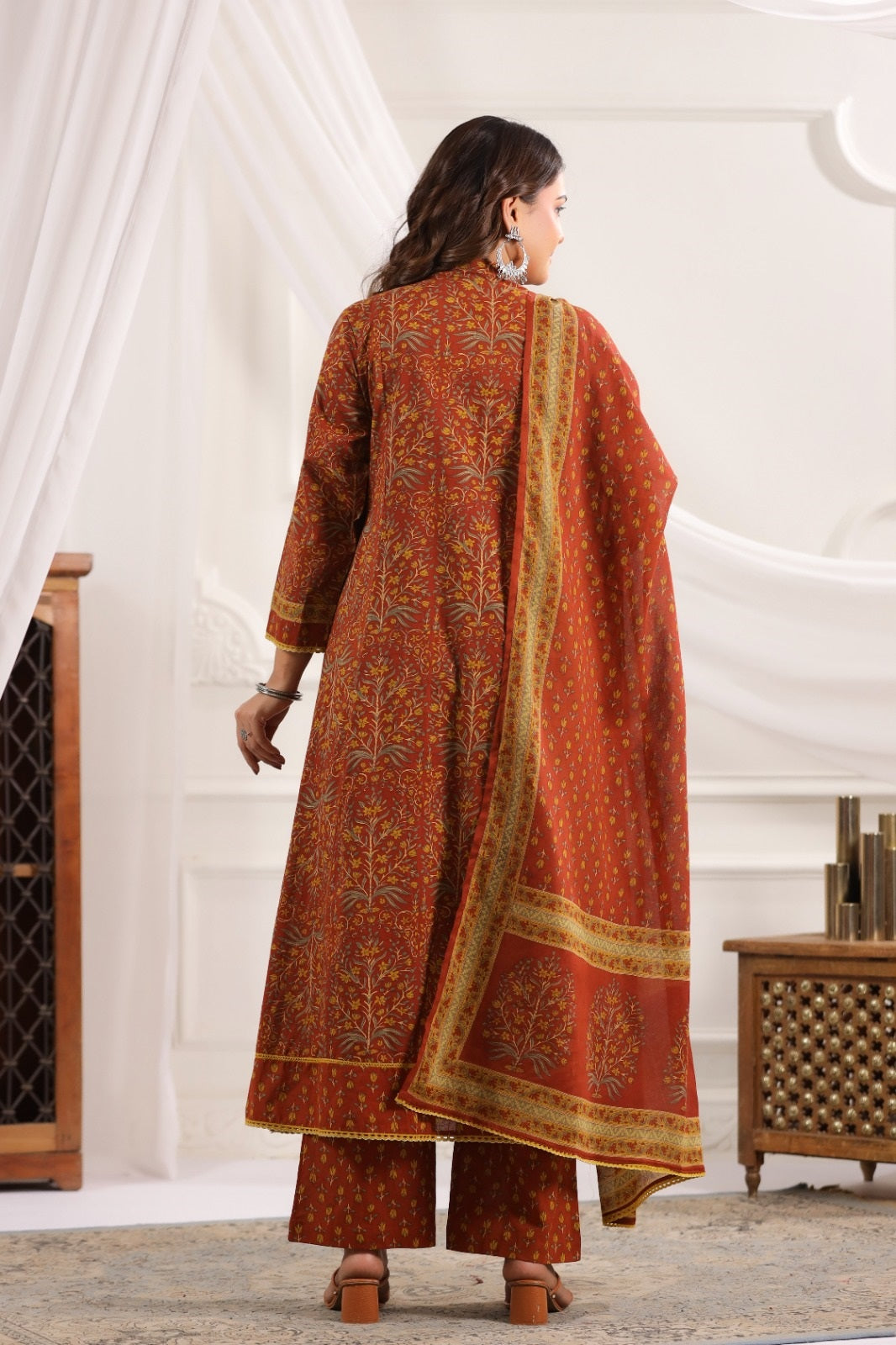 Adira Brown Cotton A Line Suit Set For Women