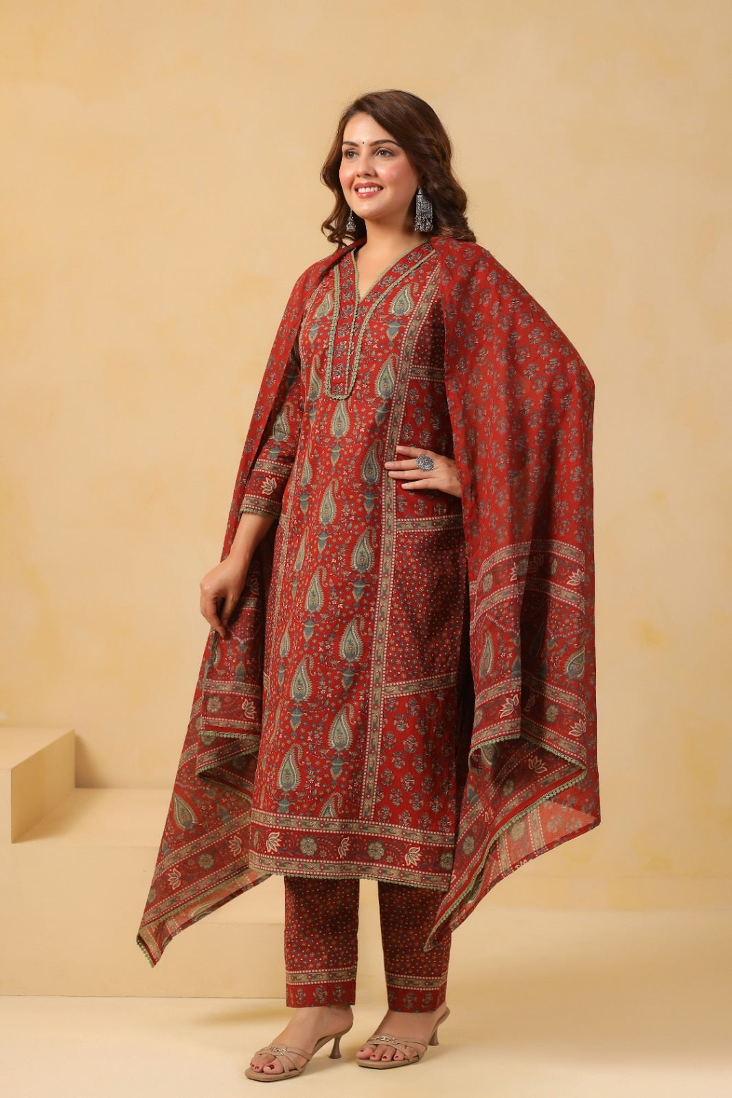 Bhagya Maroon Cotton Suit Set For Women