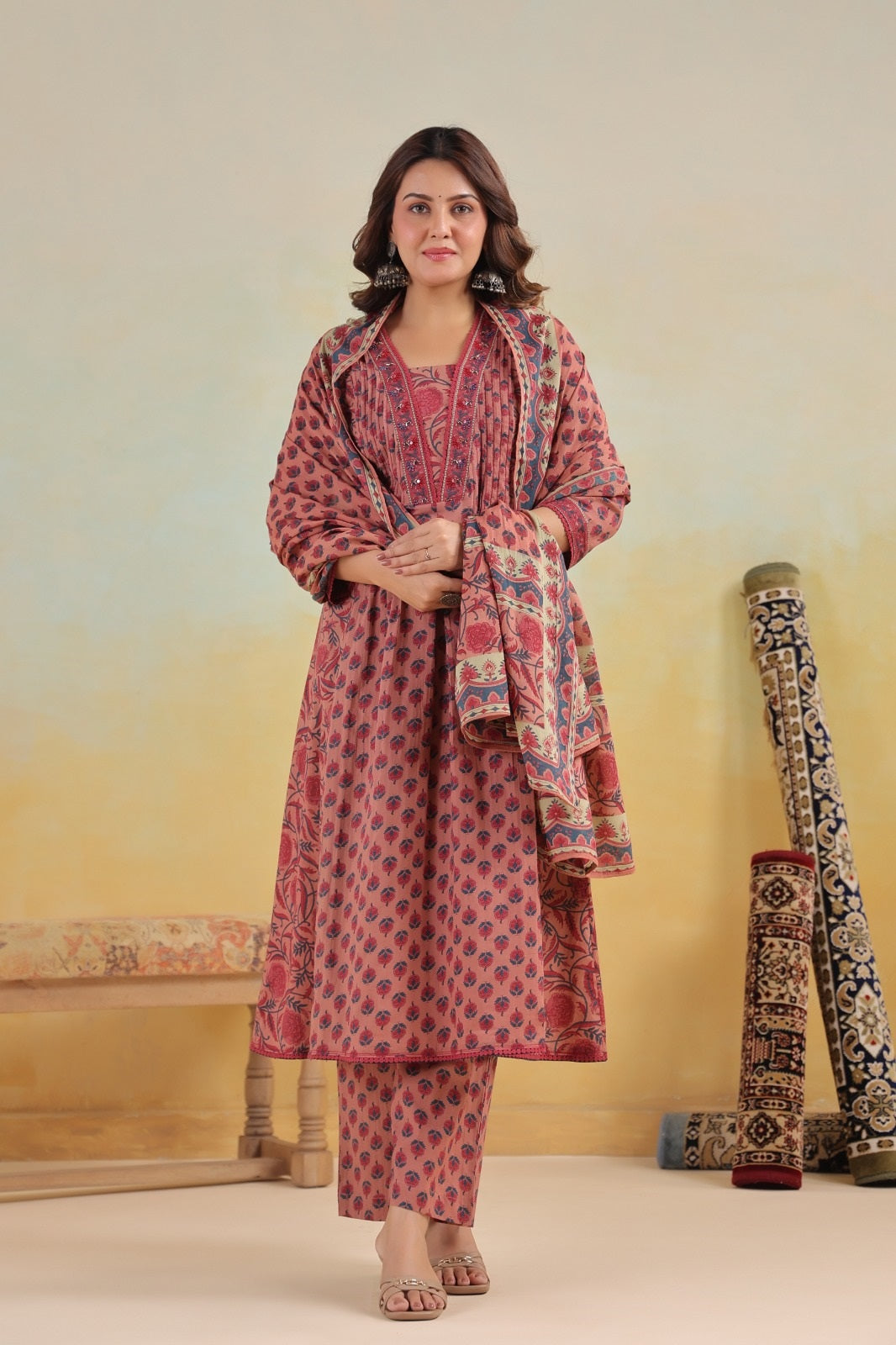 Iktara Onion Pink Cotton A Line Suit Set