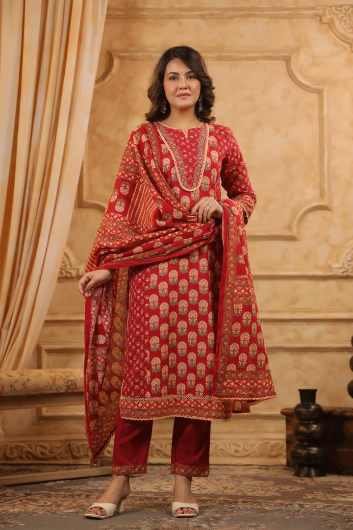 Hania Red Premium Cotton Handblock Printed Suit Set