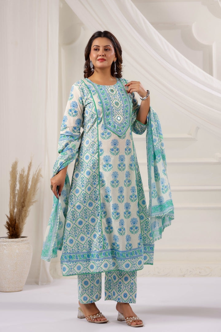 Eesha Atlantic Blue Cotton A Line Suit Set For Women