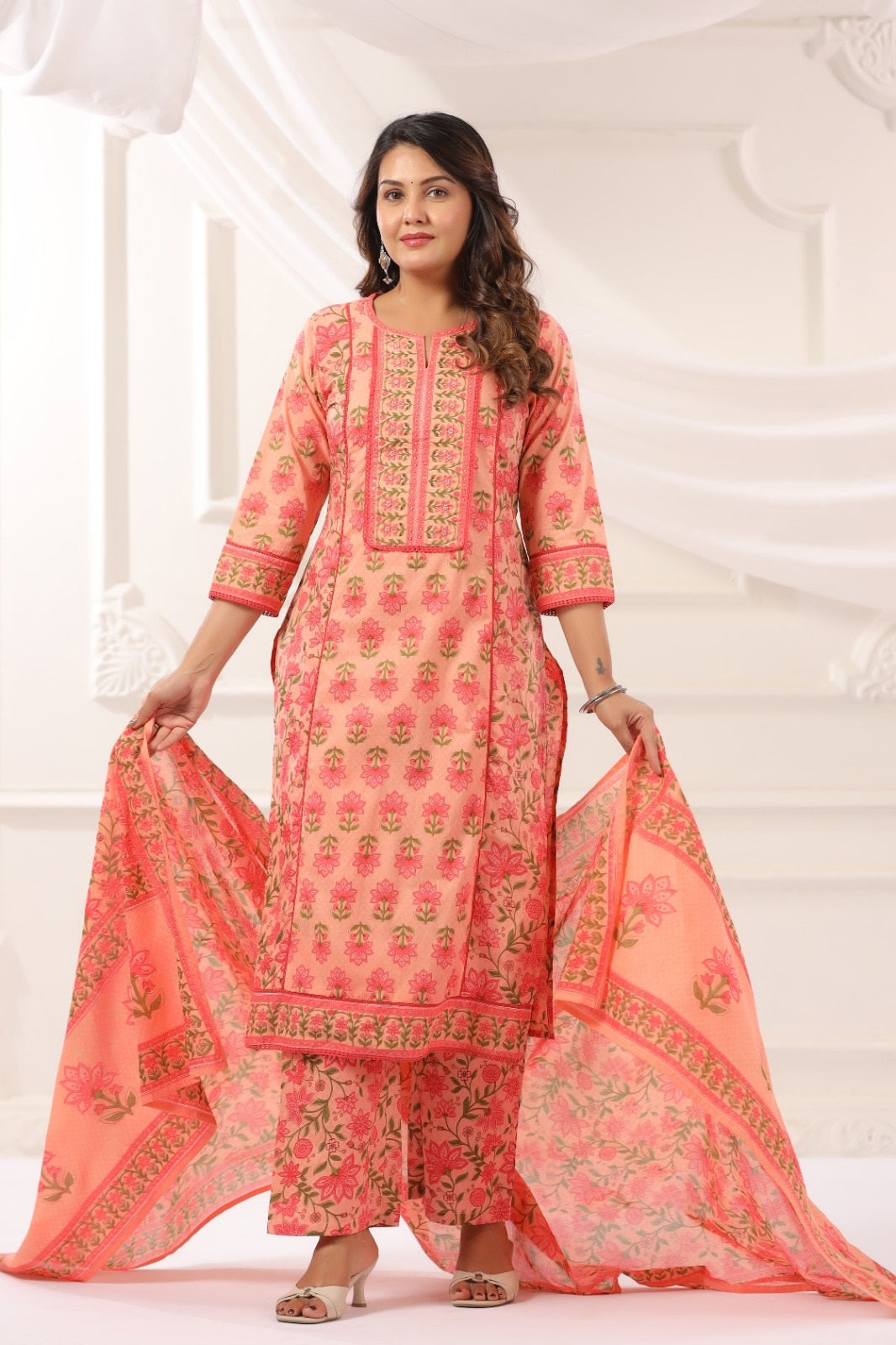 Kanishka Peach Cotton Suit Set For Women