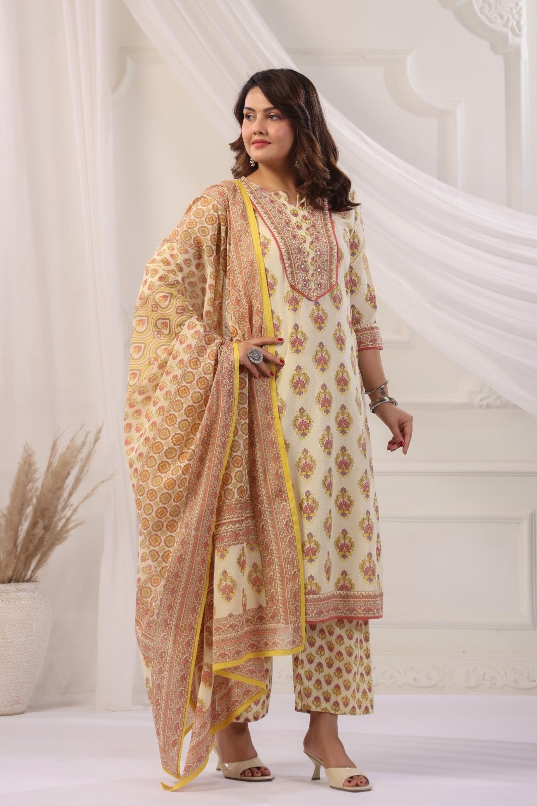 Arya Yellow Cotton Straight Suit Set For Women