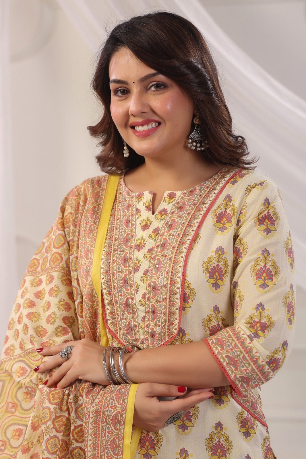 Arya Yellow Cotton Straight Suit Set For Women