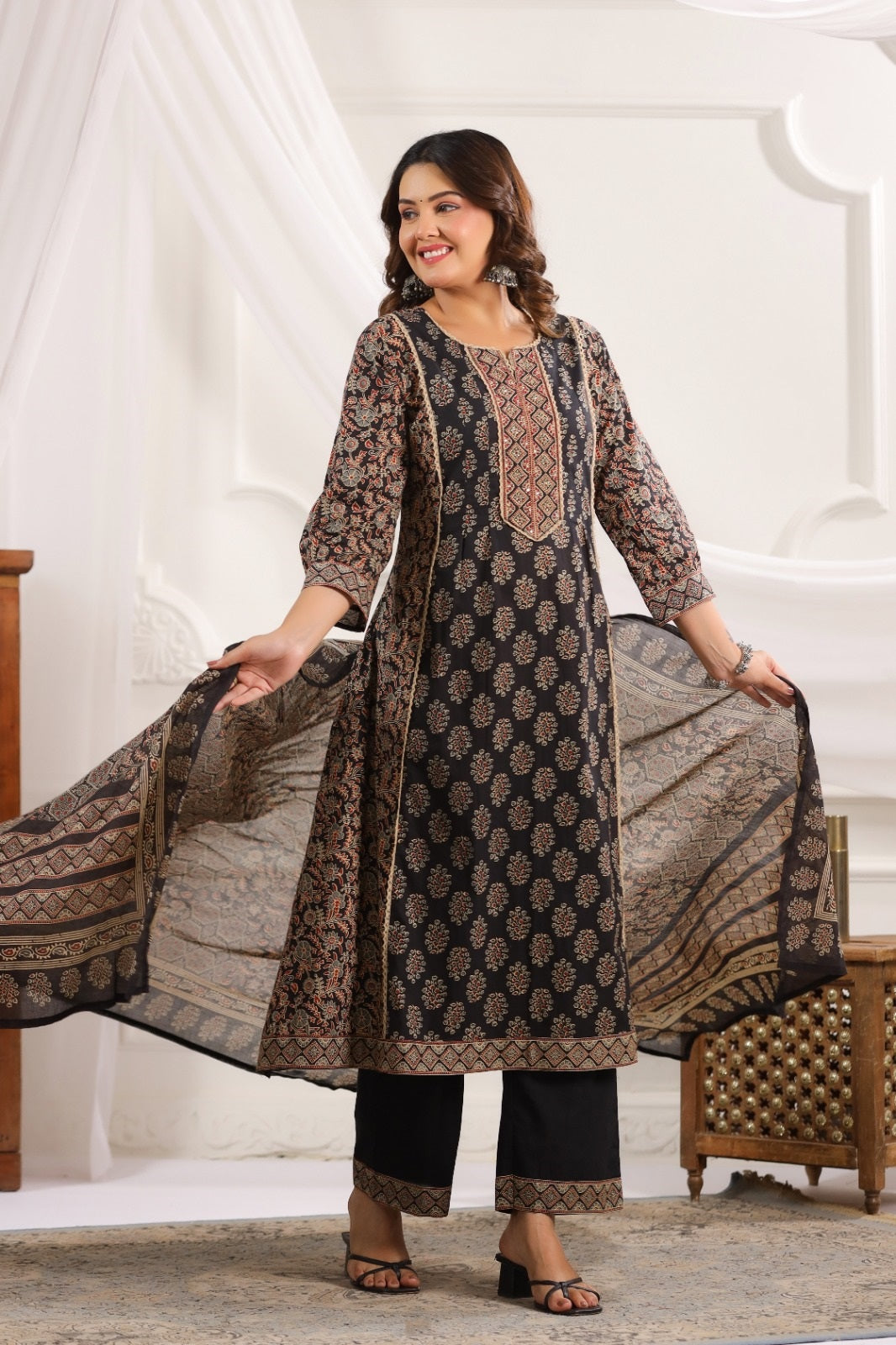 Indira Black Cotton A Line Suit Set