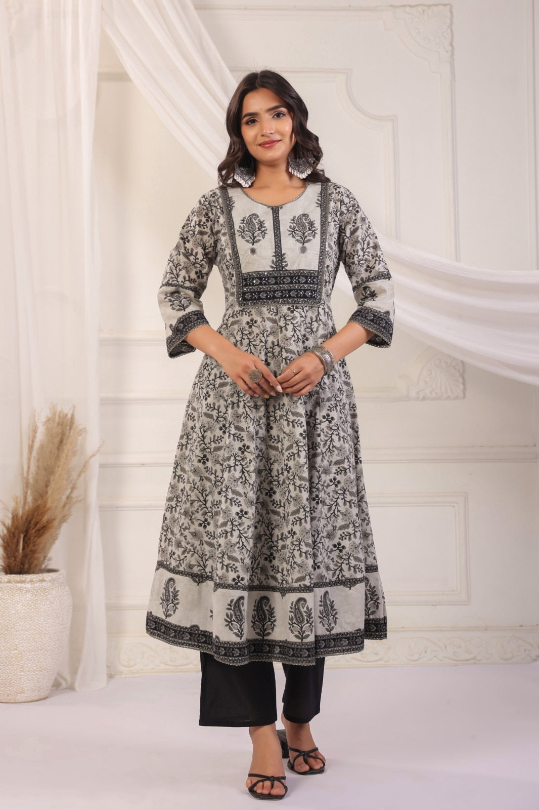 Yuvika Grey Cotton Anarkali Suit Set For Women