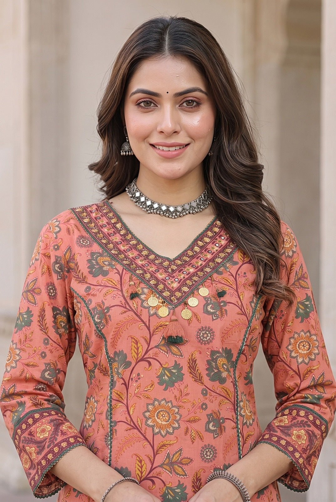 Keerthi Peach Cotton Farshi Salwar Suit Set