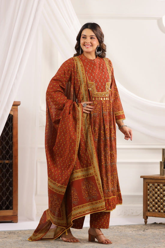 Adira Brown Cotton A Line Suit Set For Women