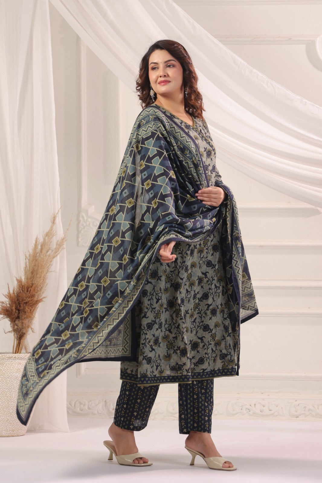 Gautami Blue Cotton A Line Suit Set For Women